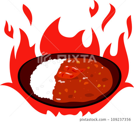 Curry rice with chili pepper and flame, super spicy Curry rice with chili pepper and flame, super spicy 109237356