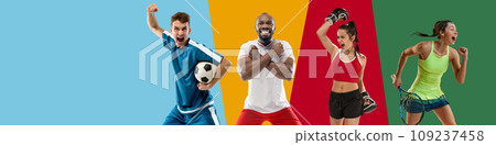 Collage made with different people, men and women, athletes of football, mma and tennis showing success over multicolored background. Sport, achievement, emotions Collage made with different people, men and women, athletes of football, mma and tennis showing success over multicolored background. Sport, achievement, emotions 109237458