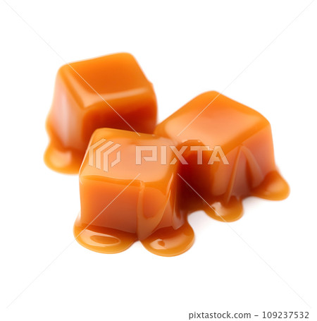 Caramel candy with topping on white backgrounds 109237532