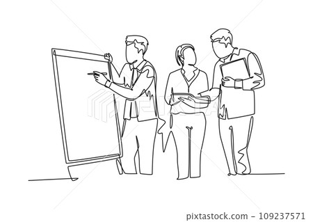Single one line drawing young happy startup members discussing company growth and writing at flip chart. Business presentation concept. Modern continuous line draw design graphic vector illustration 109237571