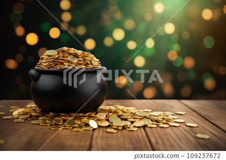 St Patrick's day concept - black pot with golden coins 109237672