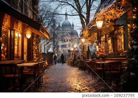 Winter cityscape snow covered streets of Paris lined with historical buildings adorned with festive lights and decorations Winter cityscape snow covered streets of Paris lined with historical buildings adorned with festive lights and decorations 109237795