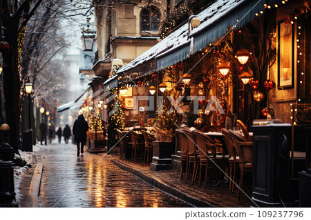 Winter cityscape snow covered streets of Paris lined with historical buildings adorned with festive lights and decorations 109237796