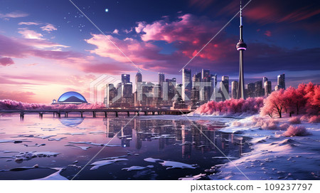 Panoramic view of a winter Toronto city skyline, city lights reflecting off the icy surfaces and creating a magical, urban winter wonderland 109237797