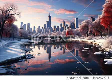 Winter Chicago city skyline, urban winter wonderland, Snow-covered trees in city parks 109237801