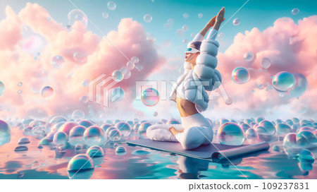 Young woman doing yoga in virtual space. Metaverse health and wellness concept. Young woman doing yoga in virtual space. Metaverse health and wellness concept. 109237831