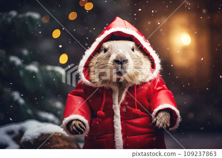 Capybara dressed as Santa Claus walks through a snowy city Capybara dressed as Santa Claus walks through a snowy city 109237863