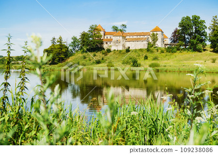 Svirzh Castle reflected in lake water. Lviv region, Ukraine Svirzh Castle reflected in lake water. Lviv region, Ukraine 109238086