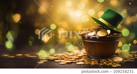 St Patrick's day concept - black pot with golden coins 109238231