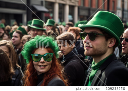 St Patrick's day concept - parade in Dublin with cheerful people St Patrick's day concept - parade in Dublin with cheerful people 109238258