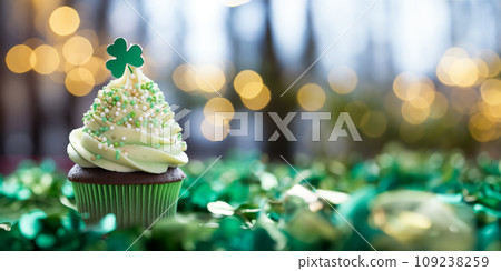 St Patrick's day concept - cupcake with shamrock topper St Patrick's day concept - cupcake with shamrock topper 109238259