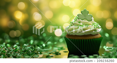 St Patrick's day concept - cupcake with shamrock topper 109238260