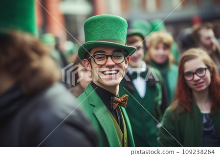 St Patrick's day concept - parade in Dublin with cheerful people St Patrick's day concept - parade in Dublin with cheerful people 109238264