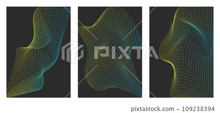 Brutalist abstract Geometric Gradient Grids. Primitive Retrofuturism Poster set. Wireframe Perspective Landscape in Neon Green and Yellow Colors. Polygonal 3d Surface, Vector Illustration. 109238394