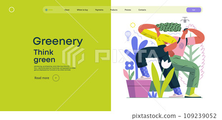 Greenery, ecology -modern flat vector concept illustration of observing people surrounded by plants. Metaphor of environmental sustainability and protection, closeness to nature 109239052