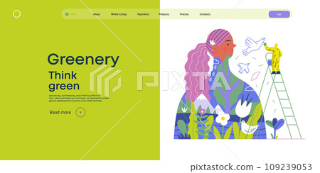 Greenery, ecology -modern flat vector concept illustration of a man painting a mural of a woman, composed with landscape. Metaphor of environmental sustainability and protection, closeness to nature 109239053