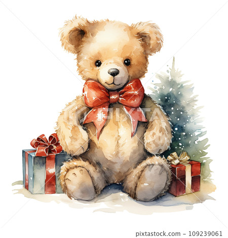 teddy bear with a bow and a gift box. AI generated 109239061