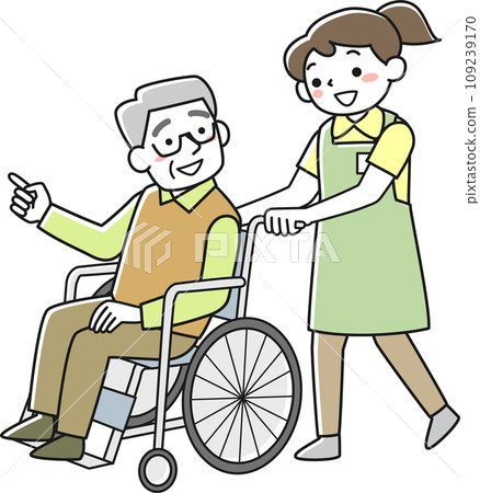 Senior man and female staff member in a wheelchair Senior man and female staff member in a wheelchair 109239170