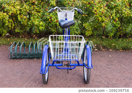 Blue tricycle with white cargo basket Blue tricycle with white cargo basket 109239758