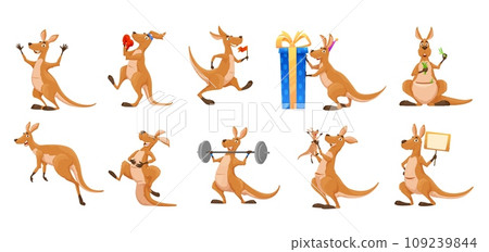 Cartoon kangaroo character, cute animal joey or Australian wallaby, vector happy mother with baby in pouch. Funny comic cartoon kangaroo with birthday gift, jumping with love heart or on sport gym Cartoon kangaroo character, cute animal joey or Australian wallaby, vector happy mother with baby in pouch. Funny comic cartoon kangaroo with birthday gift, jumping with love heart or on sport gym 109239844