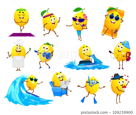 Cartoon lemon characters. Summer vacation beach leisure tropical citrus fruit comical personage, funny lemon sunbathing and surfing on beach, diving, traveling and running isolated vector mascot Cartoon lemon characters. Summer vacation beach leisure tropical citrus fruit comical personage, funny lemon sunbathing and surfing on beach, diving, traveling and running isolated vector mascot 109239900