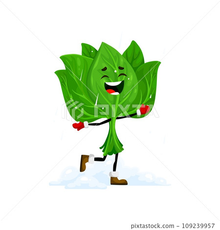 Cartoon Christmas spinach happy in winter holiday, vector vegetable character. Funny cute spinach smiling and running under snowfall or snowflakes for Merry Christmas and Happy New Year greeting 109239957