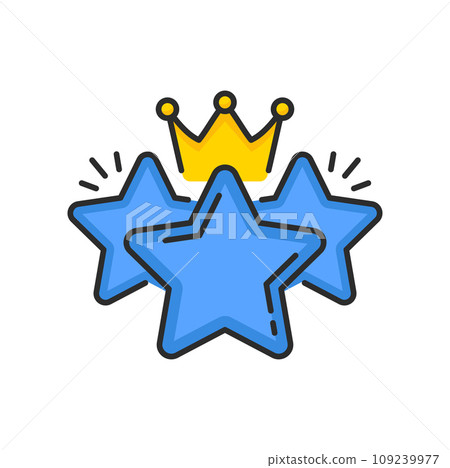 Bonus stars with crown icon. Vector exclusive benefits, reward or gift for VIP members of customer loyalty incentive program. Isolated color line symbol of blue stars and gold royal crown Bonus stars with crown icon. Vector exclusive benefits, reward or gift for VIP members of customer loyalty incentive program. Isolated color line symbol of blue stars and gold royal crown 109239977
