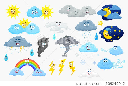 Cartoon weather characters, cute cloud and sun or rain, vector rainbow and wind storm. Cartoon weather characters of snow and moon with face, rainy lightning and funny tornado or raindrop emoticons Cartoon weather characters, cute cloud and sun or rain, vector rainbow and wind storm. Cartoon weather characters of snow and moon with face, rainy lightning and funny tornado or raindrop emoticons 109240042
