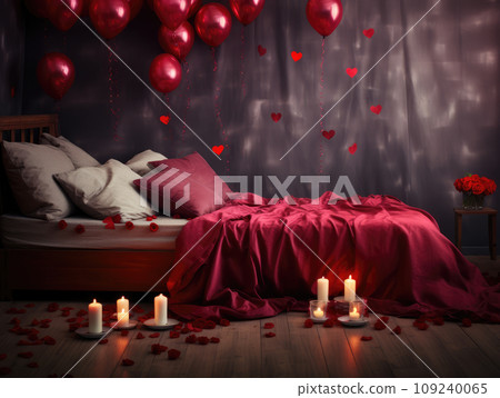 AI generation. Romantic Valentines Day background with bed with red linens, rose petals and candles. 109240065