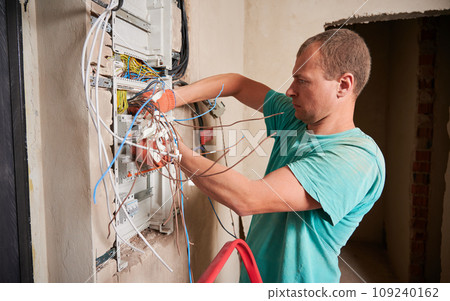 Side view of man in work gloves fixing electrical switchboard or distribution board in apartment under renovation. Electrician repairing household electrical panel with wires and switches. Side view of man in work gloves fixing electrical switchboard or distribution board in apartment under renovation. Electrician repairing household electrical panel with wires and switches. 109240162