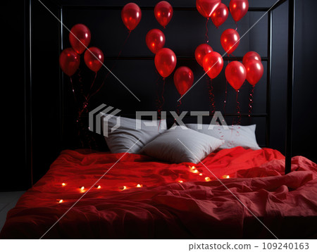 AI generation. Romantic Valentines Day background with bed with red linens, rose petals and candles. 109240163