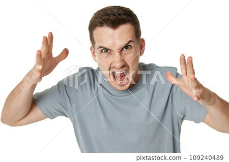annoyed angry bearded man shouting on white studio background annoyed angry bearded man shouting on white studio background 109240489