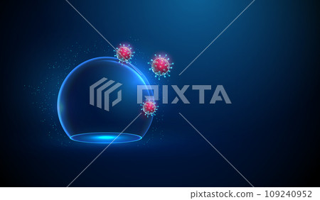 Abstract blue viruses outside a transparent glass dome Immune system and virus protection concept Low poly digital style Abstract blue viruses outside a transparent glass dome Immune system and virus protection concept Low poly digital style 109240952