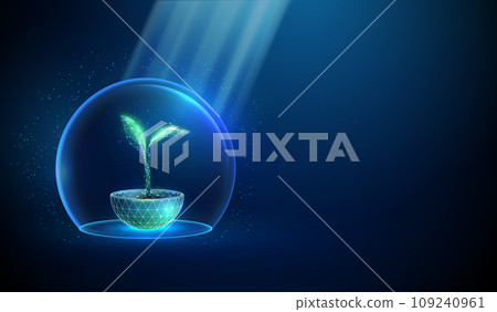Abstract green growing plant in pot inside glass dome and sun beams Nature protection and smart farming concept Low poly 109240961