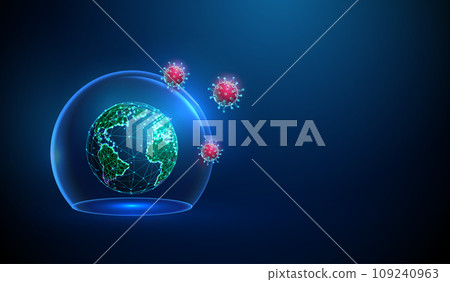 Abstract planet Earth in blue glass dome attacking by red viruses. Virus protection concept. Low poly style Abstract planet Earth in blue glass dome attacking by red viruses. Virus protection concept. Low poly style 109240963