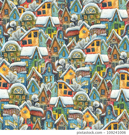 Panorama of the old city with houses with snow. Hand drawn watercolor illustration. Seamless pattern for New Year, winter and Christmas decor. 109241006