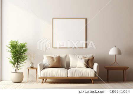 Living room with sofa couch in Scandinavian interior design with empty wooden photo frame on light wall. Generative AI 109241034