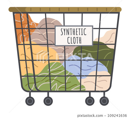 Dirty clothes, apparel heap in basket. Pile of syntetic clothing, laundry vector illustration. Clothing and garment care, housekeeping concept. Basket with dirty textile, fabric or napkin for washing Dirty clothes, apparel heap in basket. Pile of syntetic clothing, laundry vector illustration. Clothing and garment care, housekeeping concept. Basket with dirty textile, fabric or napkin for washing 109241636