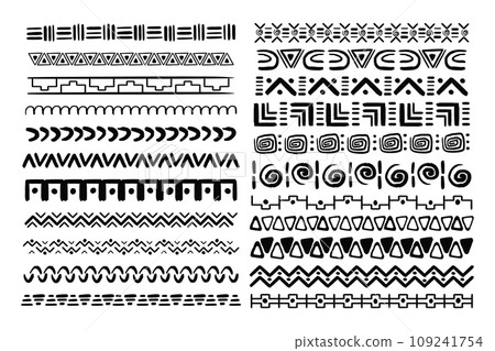 Set african tribal motive border in doodle hand drawn style from geometrical shapes isolated on white background. boho scandinavian srtoke, traditional native decor. 109241754