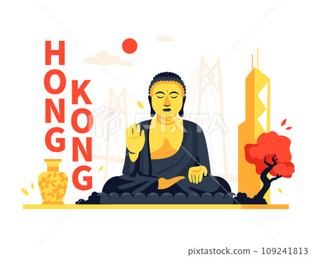 Hong Kong and Buddha statue - modern colored vector illustration 109241813