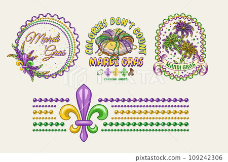 Carnival Mardi Gras labels with Fleur de Lis, holiday food, party streamers, strings of beads, text Vintage illustrations on white background For prints, clothing, t shirt, holiday goods, stuff design 109242306