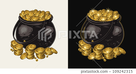 Cast iron pot full of gold coins, golden treasures in vintage style. Detailed vector illustration for Saint Patricks day decoration. Not AI 109242315