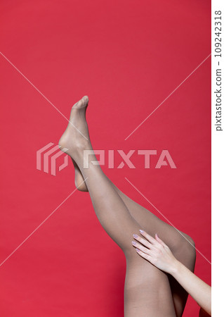 Beautiful slender female legs in pantyhose stockings on red background Beautiful slender female legs in pantyhose stockings on red background 109242318
