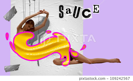 Elegant young woman with slim body lying over abstract background with sauce word. Contemporary art collage. Elegant young woman with slim body lying over abstract background with sauce word. Contemporary art collage. 109242567