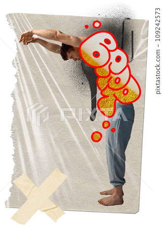 Muscular man diving into beer. Favorite drink, relaxation and degustation. Party and weekends. Contemporary art collage. 109242573