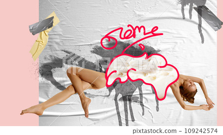 Sensual, attractive young girl in underwear lying with cream on body over abstract background. Bakery. Contemporary art collage. 109242574