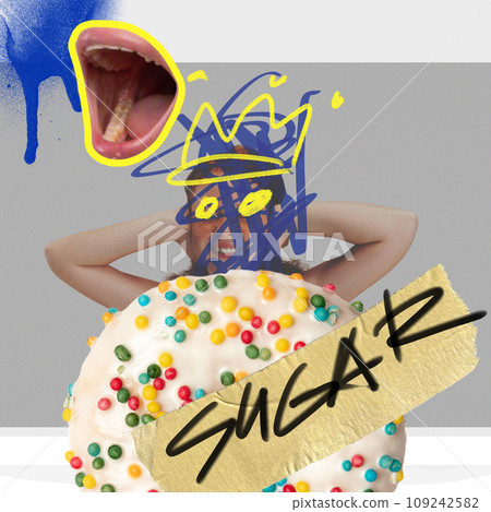 Little girl, child expressing positive emotion, eating delicious sweet donut. Contemporary art collage. Abstract art 109242582
