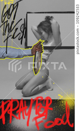 Young slim woman in underwear sitting on floor. Man holding fish. Street style doodles. Contemporary art collage. 109242583