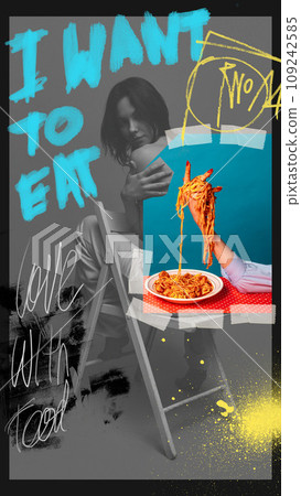 Creative poster with elegant young woman posing on chair and hand with delicious Italian pasts. Street style. Contemporary art collage. Creative poster with elegant young woman posing on chair and hand with delicious Italian pasts. Street style. Contemporary art collage. 109242585