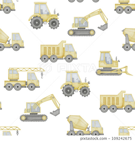 Truck seamless Pattern Watercolor illustration. Hand drawn cars on isolated background. Baby boy toy drawing. Sketch of construction transport for clothing and fabrics for children. 109242675
